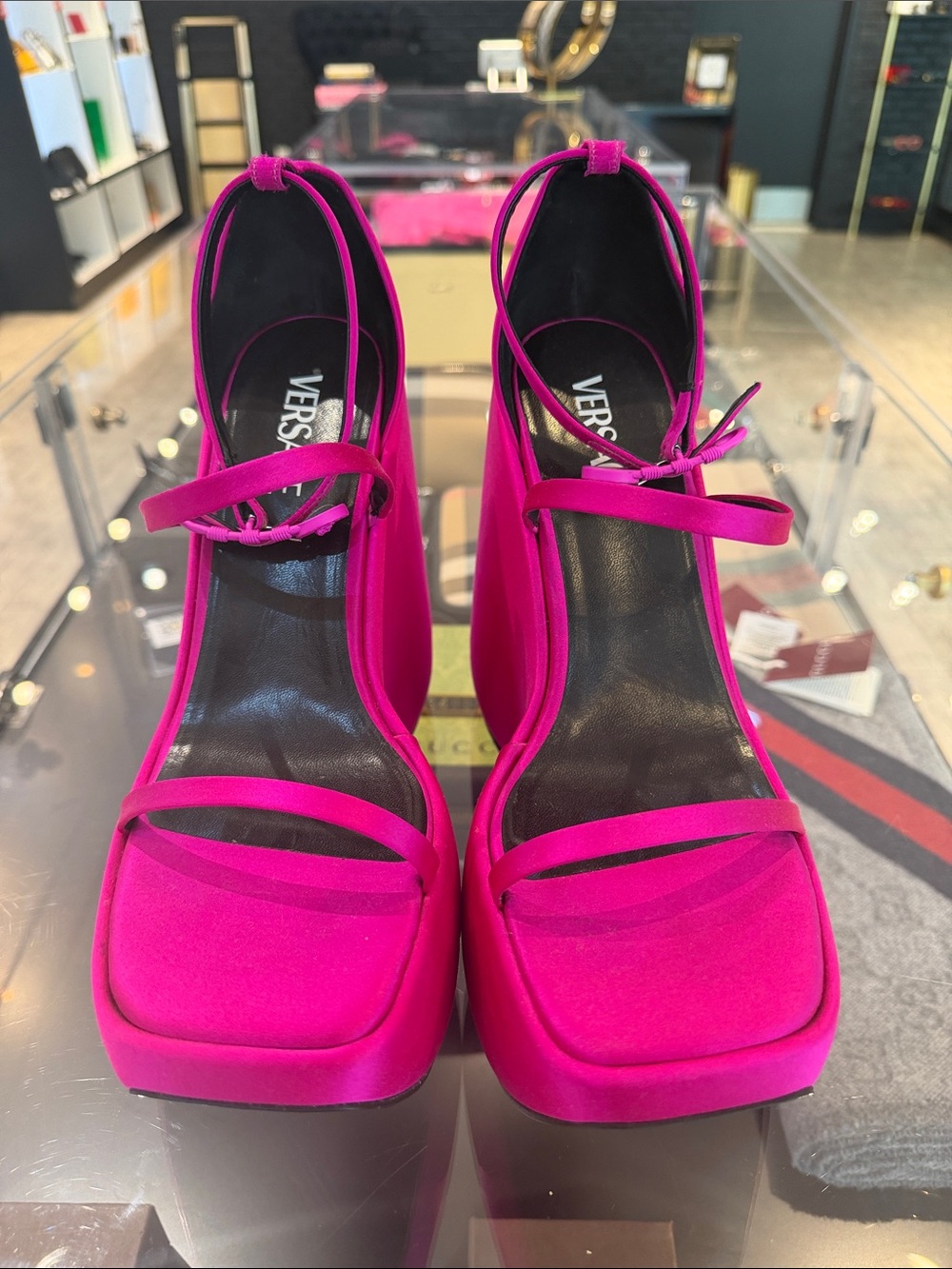 Versace Fuchsia Satin Platform Sandals with Ankle Tie